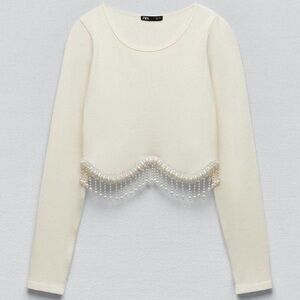 Zara Cream Pearl Long Sleeve Crop Top NWT